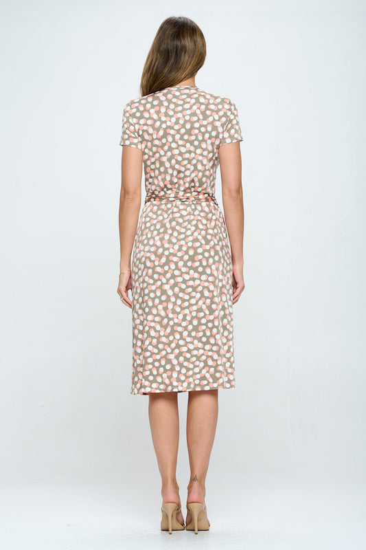 Polka Dot V neck Jersey Wrap Dress with Tie