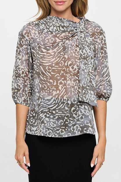 Abstract Print Sheer 3/4 Sleeve with Scarf Detail