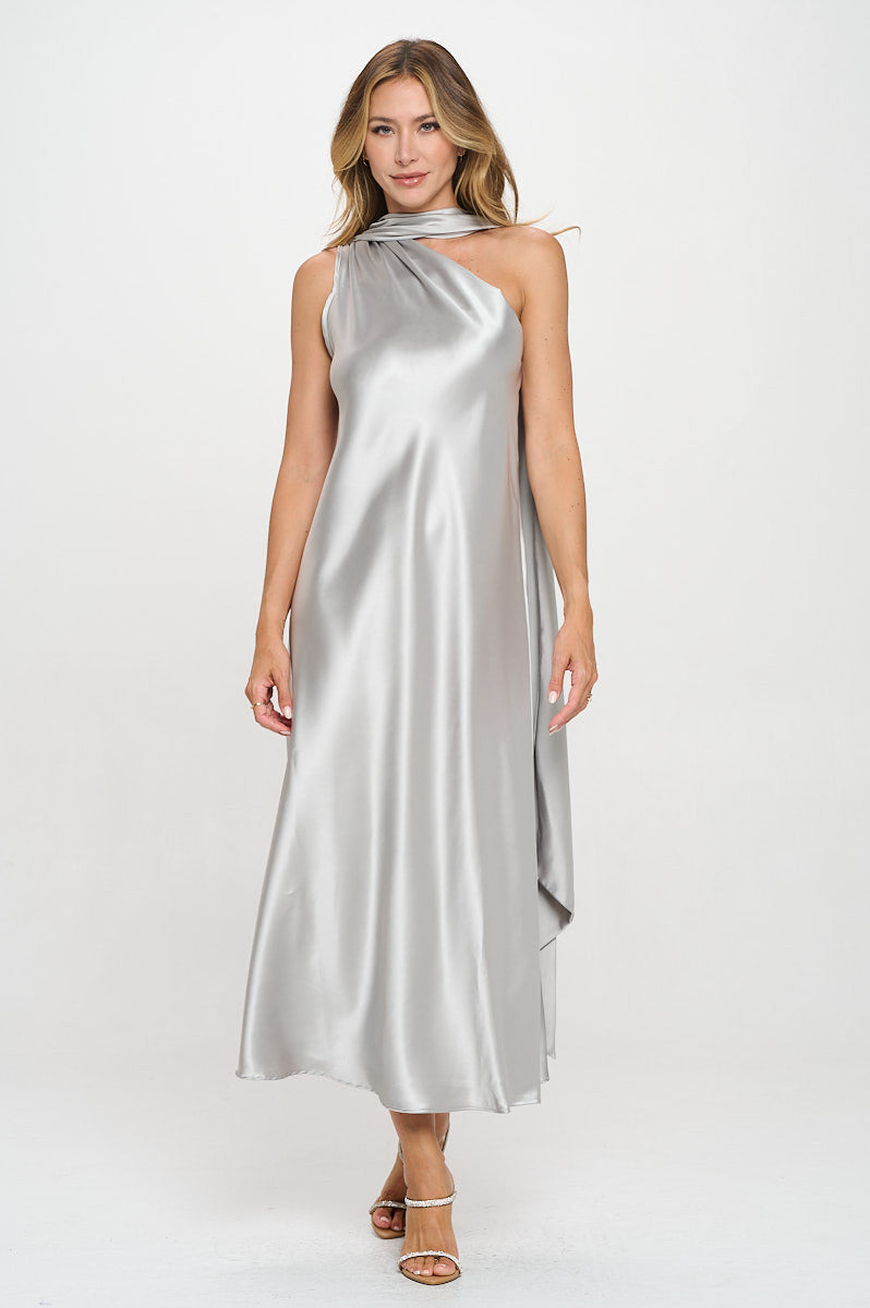 One Shoulder Satin Maxi Dress with Scarf Detail