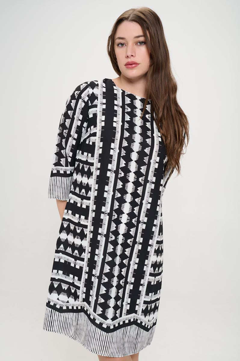Geometric Print 3/4 Sleeve Shift Dress-0