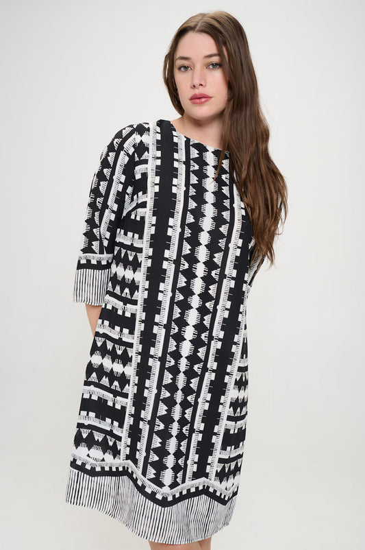 Geometric Print 3/4 Sleeve Shift Dress-0