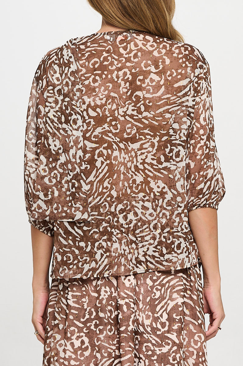 Abstract Print Sheer 3/4 Sleeve with Scarf Detail
