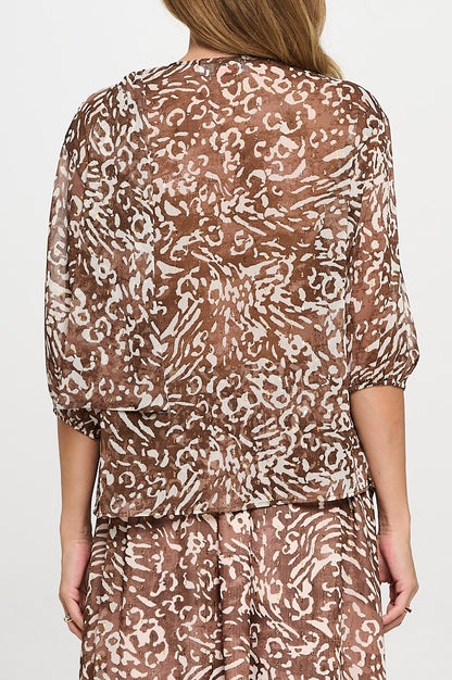 Abstract Print Sheer 3/4 Sleeve with Scarf Detail
