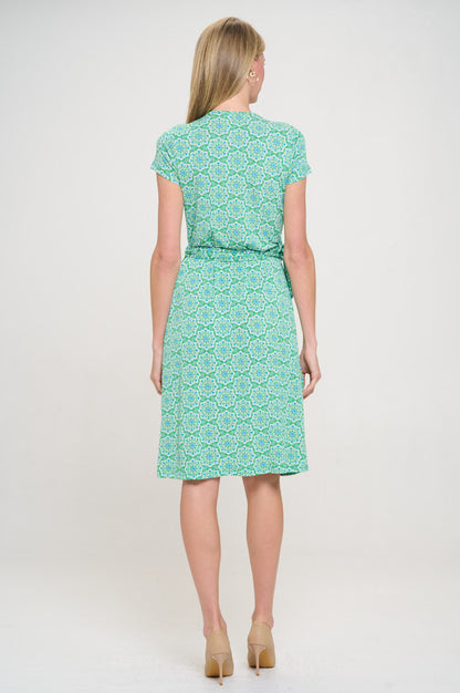 Print V neck Jersey Dress with Tie