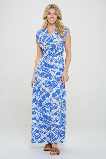 Abstract V neck Sleeveless Maxi Dress with Slit