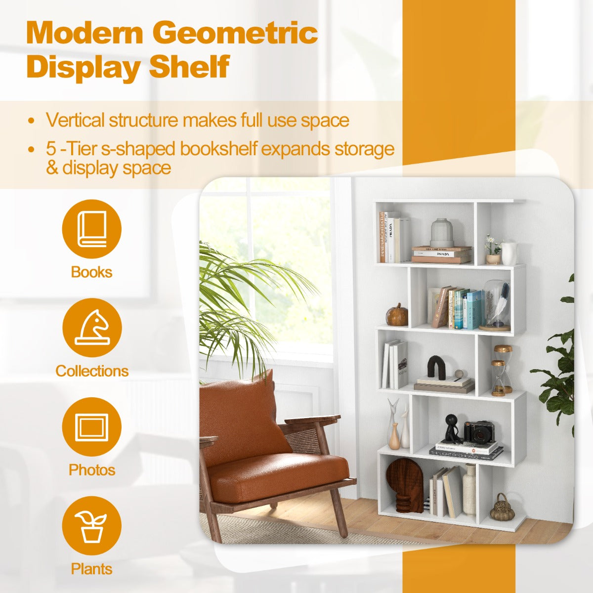NNECW Geometric S-Shaped Bookcase with Anti-Toppling Device for Living Room/ Home/ Office-White