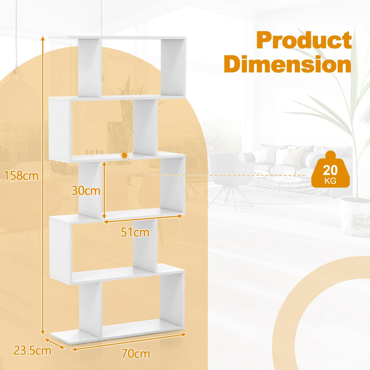 NNECW Geometric S-Shaped Bookcase with Anti-Toppling Device for Living Room/ Home/ Office-White