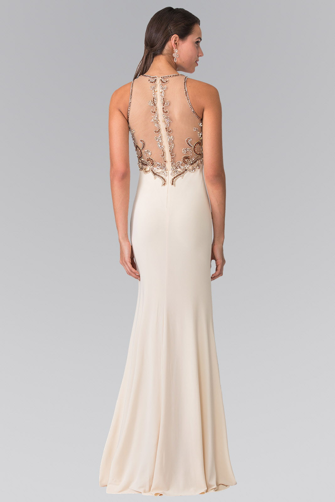 Floor Length Dress with Jewel Embellished Sheer Bodice and Back-1