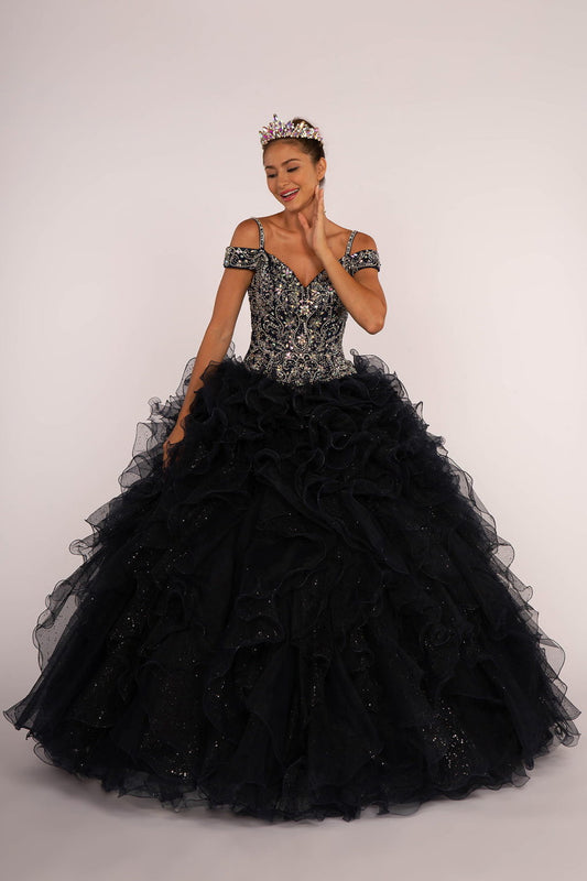 Jewel Embellished Cut-Away Shoulder Ruffle Skirt Quinceanera Dress-0