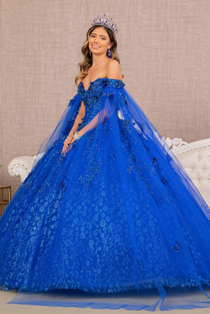 Embroidery Glitter Quinceanera Gown w/ Long Mesh Layer-2