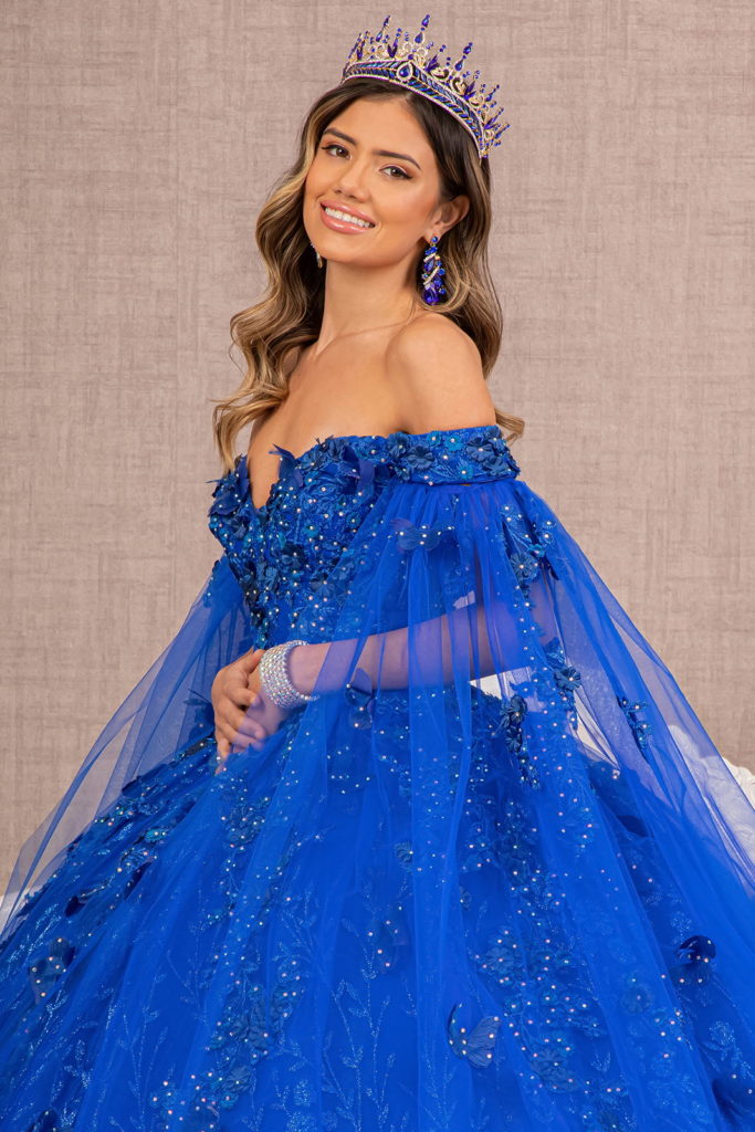 Embroidery Glitter Quinceanera Gown w/ Long Mesh Layer-3