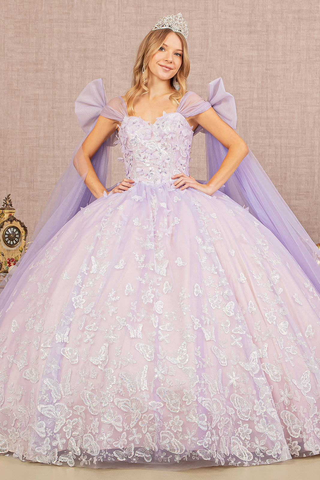 Jewel Glitter Quinceanera Gown w/ Long Mesh Layer and Ribbons-0
