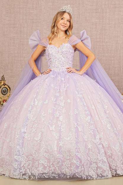 Jewel Glitter Quinceanera Gown w/ Long Mesh Layer and Ribbons-0