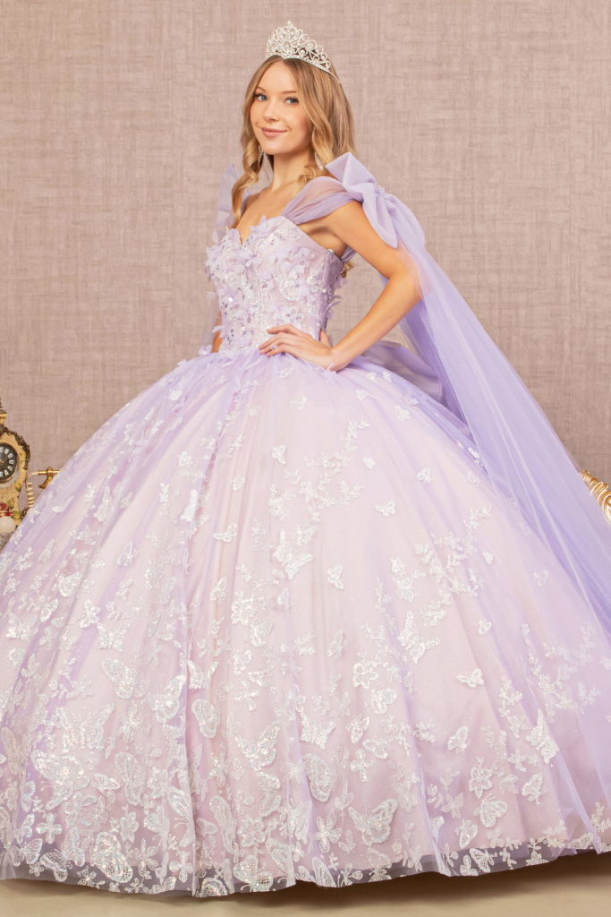 Jewel Glitter Quinceanera Gown w/ Long Mesh Layer and Ribbons-2
