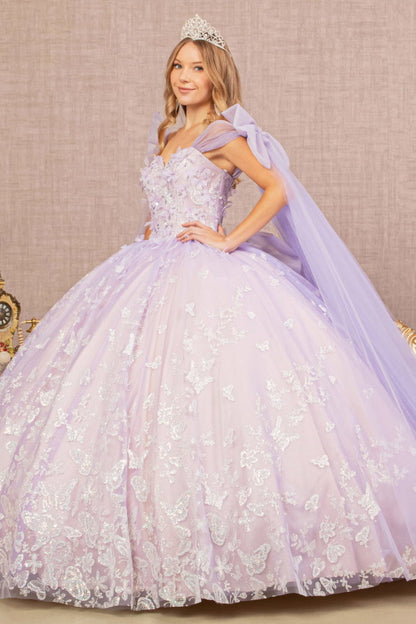 Jewel Glitter Quinceanera Gown w/ Long Mesh Layer and Ribbons-2