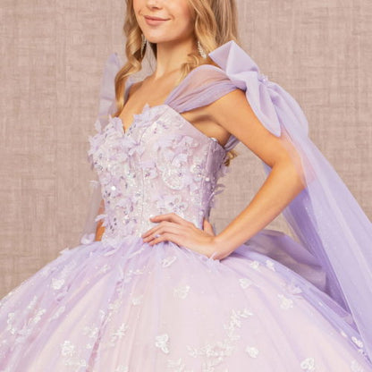 Jewel Glitter Quinceanera Gown w/ Long Mesh Layer and Ribbons-3
