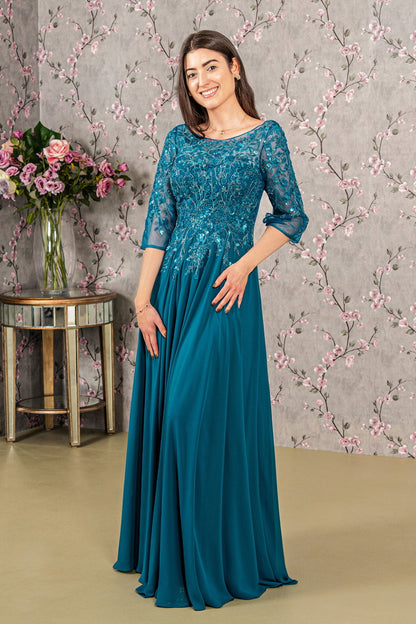 Bead Embroidery Sheer Neckline Chiffon Mermaid Long Dress-0