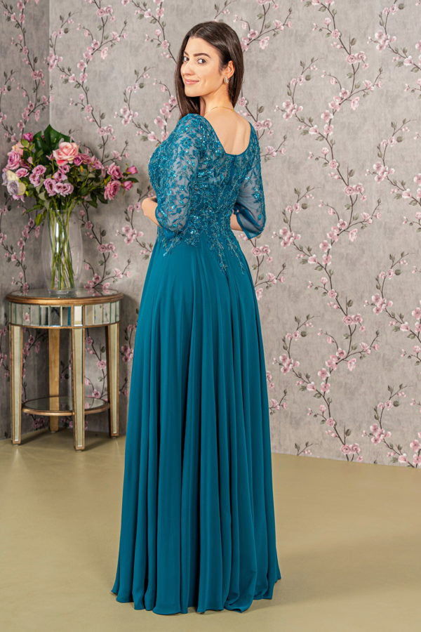 Bead Embroidery Sheer Neckline Chiffon Mermaid Long Dress-1