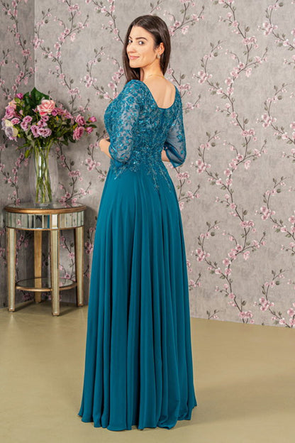 Bead Embroidery Sheer Neckline Chiffon Mermaid Long Dress-1
