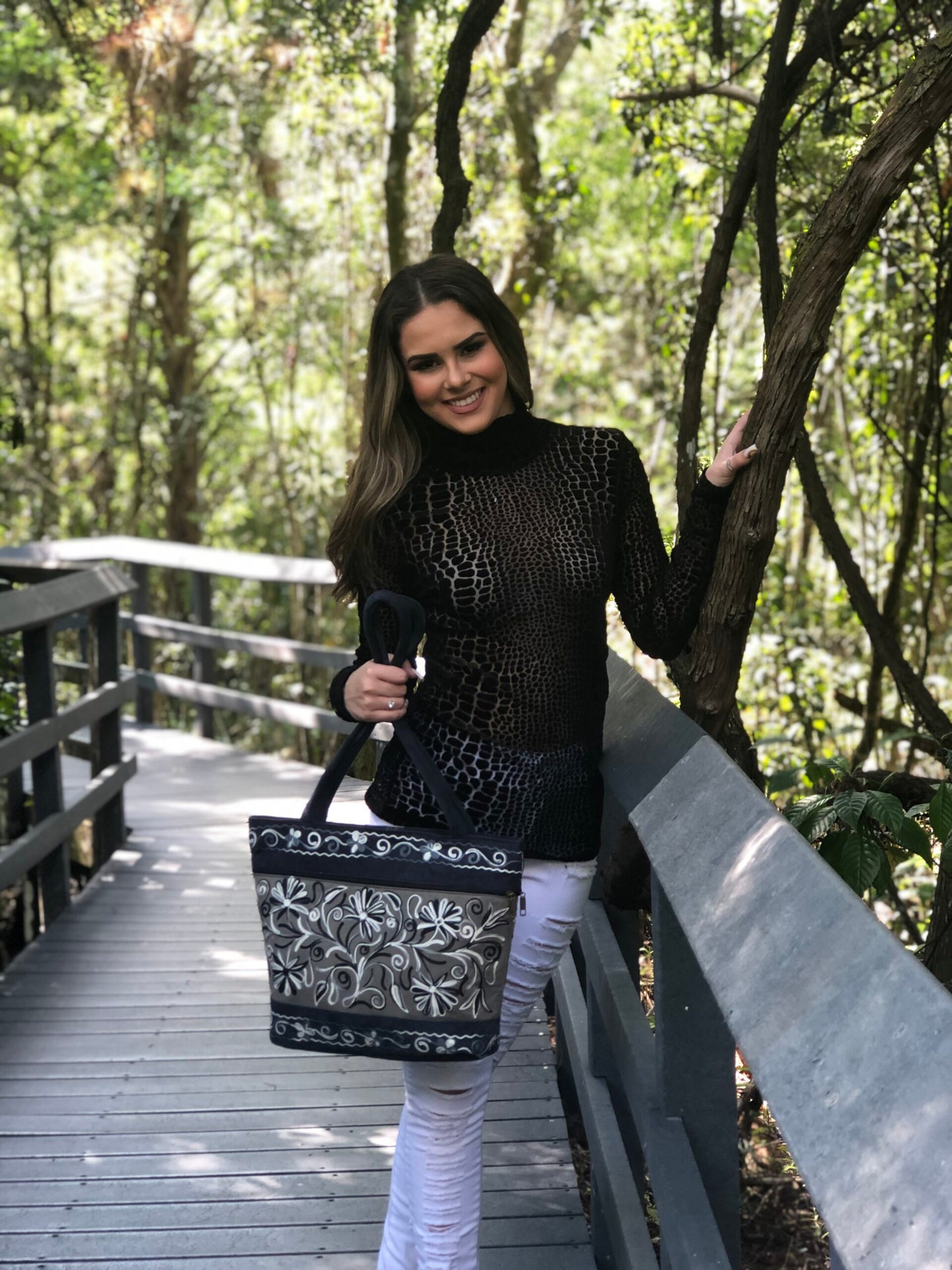 Handmade Grey and Navy Suede Embroidered Tote Bag