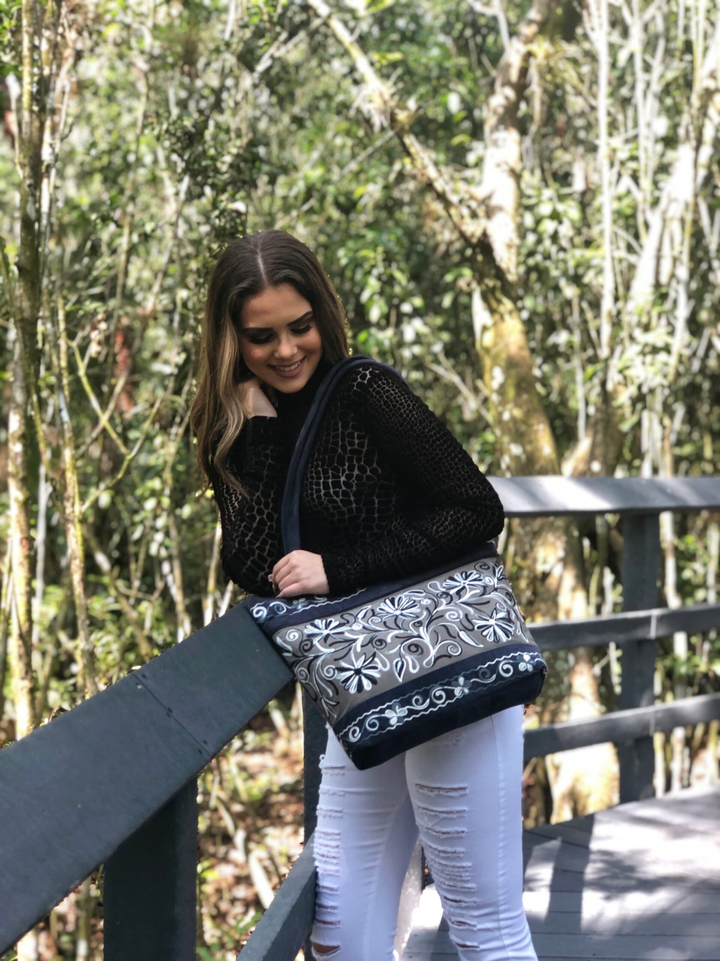 Handmade Grey and Navy Suede Embroidered Tote Bag