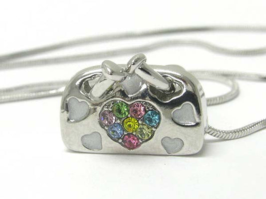 MADE IN KOREA WHITEGOLD PLATING AND METAL EPOXY CRYSTAL STUD HANDBAG PENDANT NECKLACE