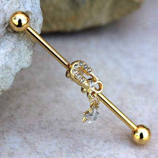 Gold Plated Jeweled Safety Pin and Star Industrial Barbell