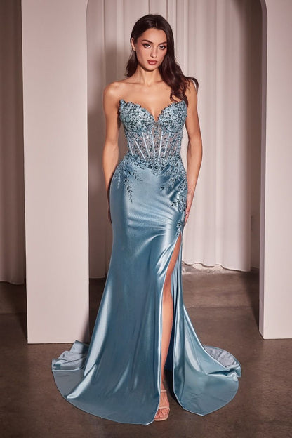 Satin & Lace Strapless Fitted Gown-4