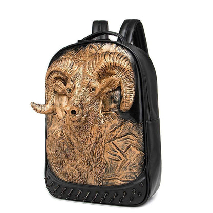Large Studded Backpack 3D Goat Head Sculpture Backpack Laptop Travelling Rucksack Bag