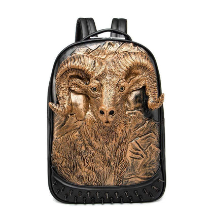 Large Studded Backpack 3D Goat Head Sculpture Backpack Laptop Travelling Rucksack Bag