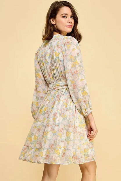 Lime 'N' Chili Chiffon Floral Print Belted Dress with Back Zipper