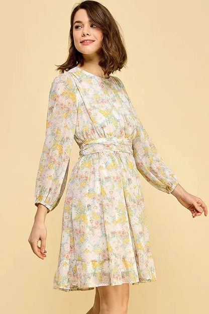 Lime 'N' Chili Chiffon Floral Print Belted Dress with Back Zipper