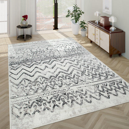 Living Room Rug with Scandi Pattern Low-Pile in Cream Grey