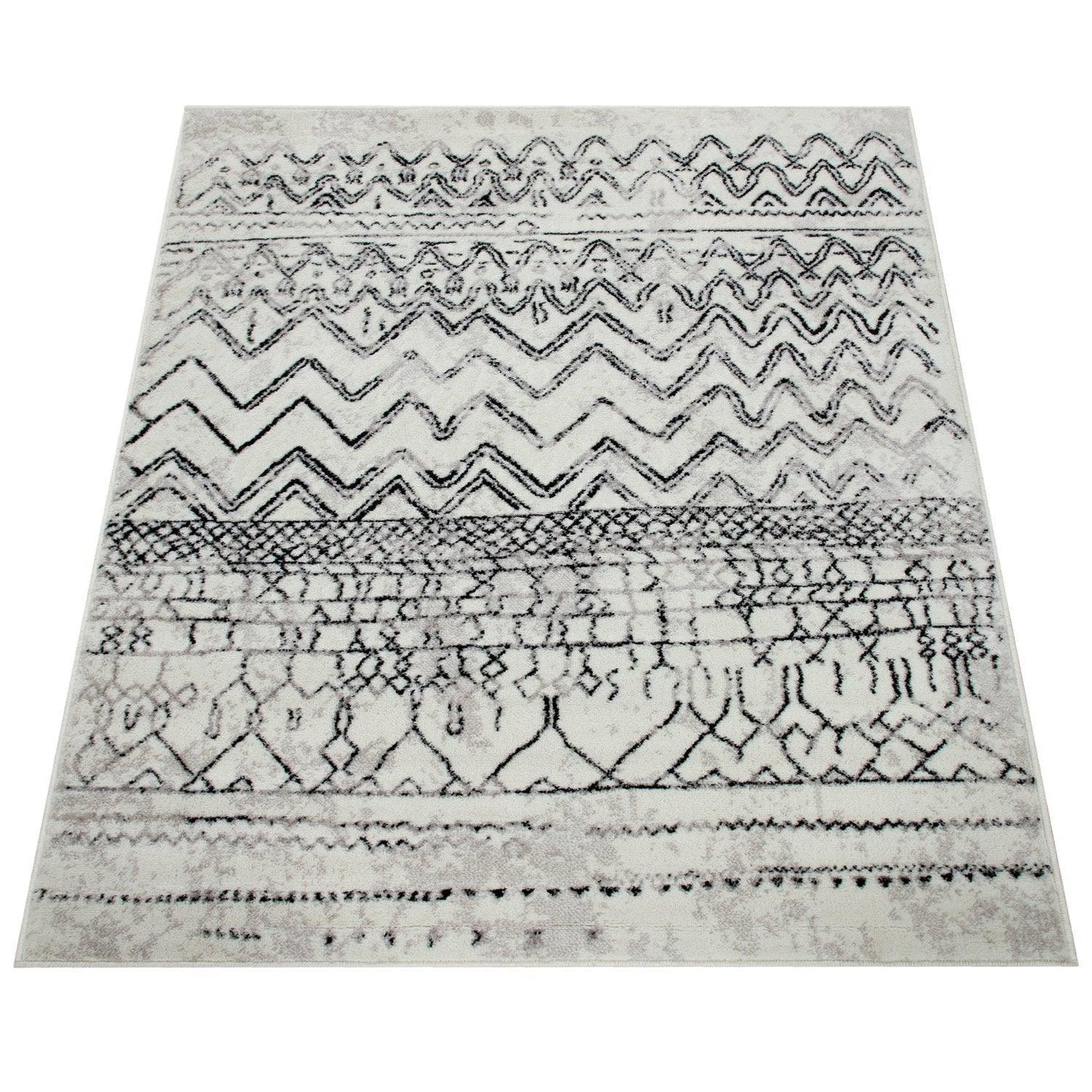 Living Room Rug with Scandi Pattern Low-Pile in Cream Grey