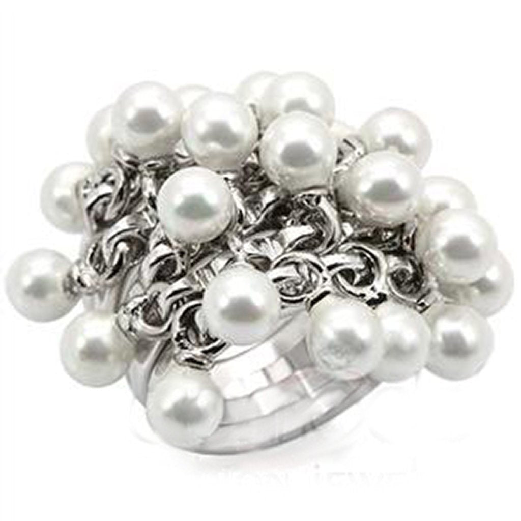 LOS447 - Rhodium 925 Sterling Silver Ring with Synthetic Pearl in White-0