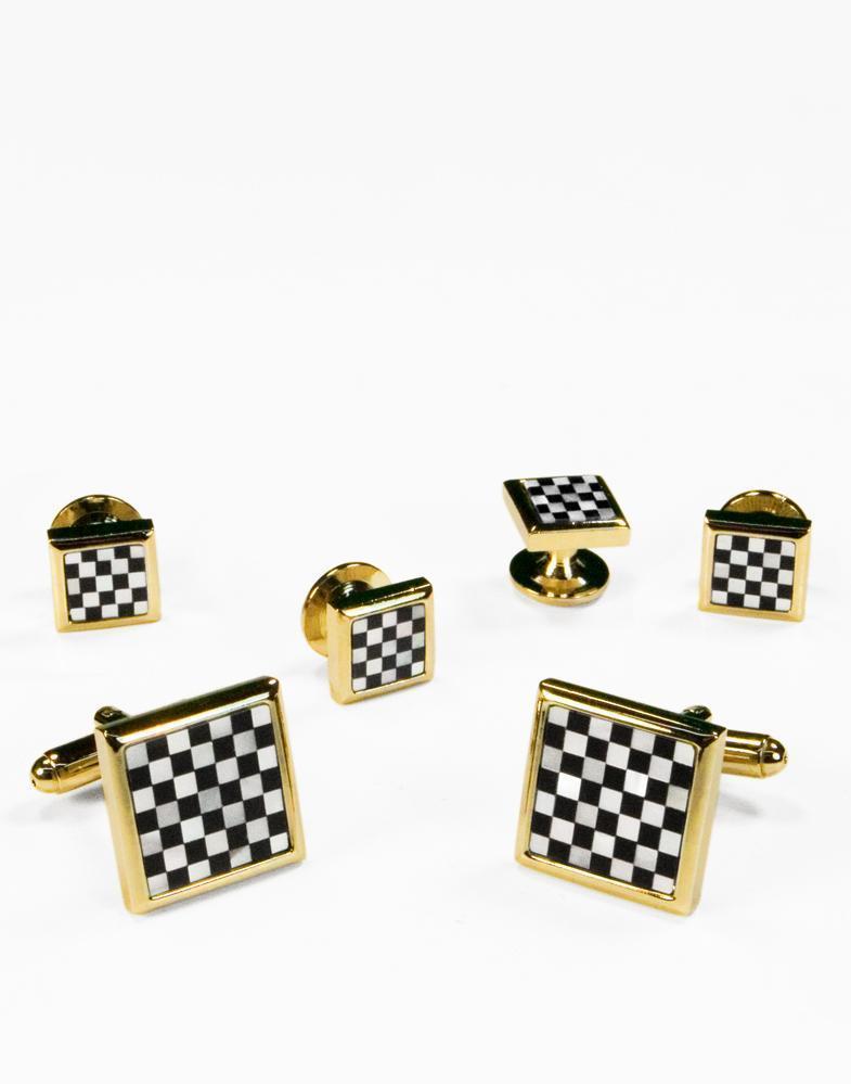 Mother of Pearl Checkerboard with Gold or Silver Trim Studs and Cufflinks Set-0
