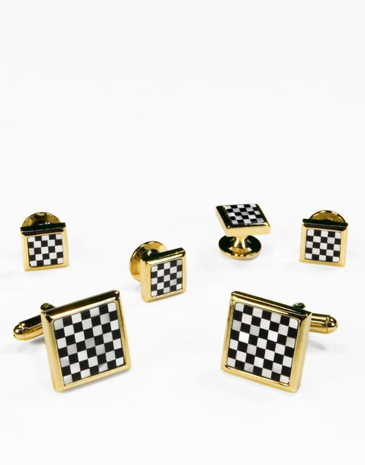 Mother of Pearl Checkerboard with Gold or Silver Trim Studs and Cufflinks Set-0