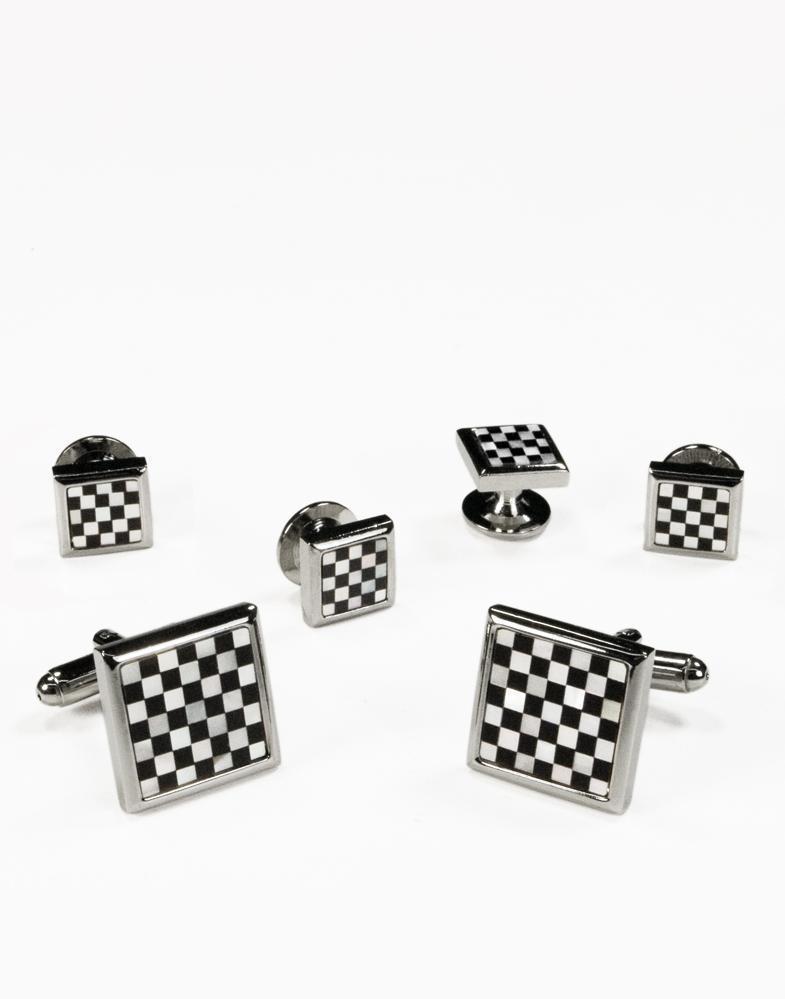 Mother of Pearl Checkerboard with Gold or Silver Trim Studs and Cufflinks Set-1