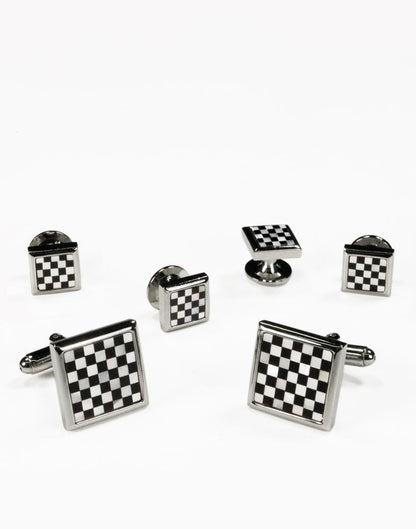 Mother of Pearl Checkerboard with Gold or Silver Trim Studs and Cufflinks Set-1