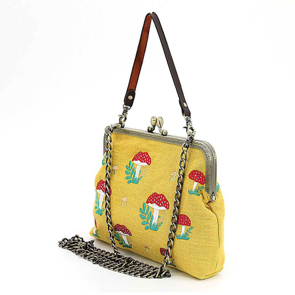 Mushrooms Vintage Kisslock Handbag: Yellow