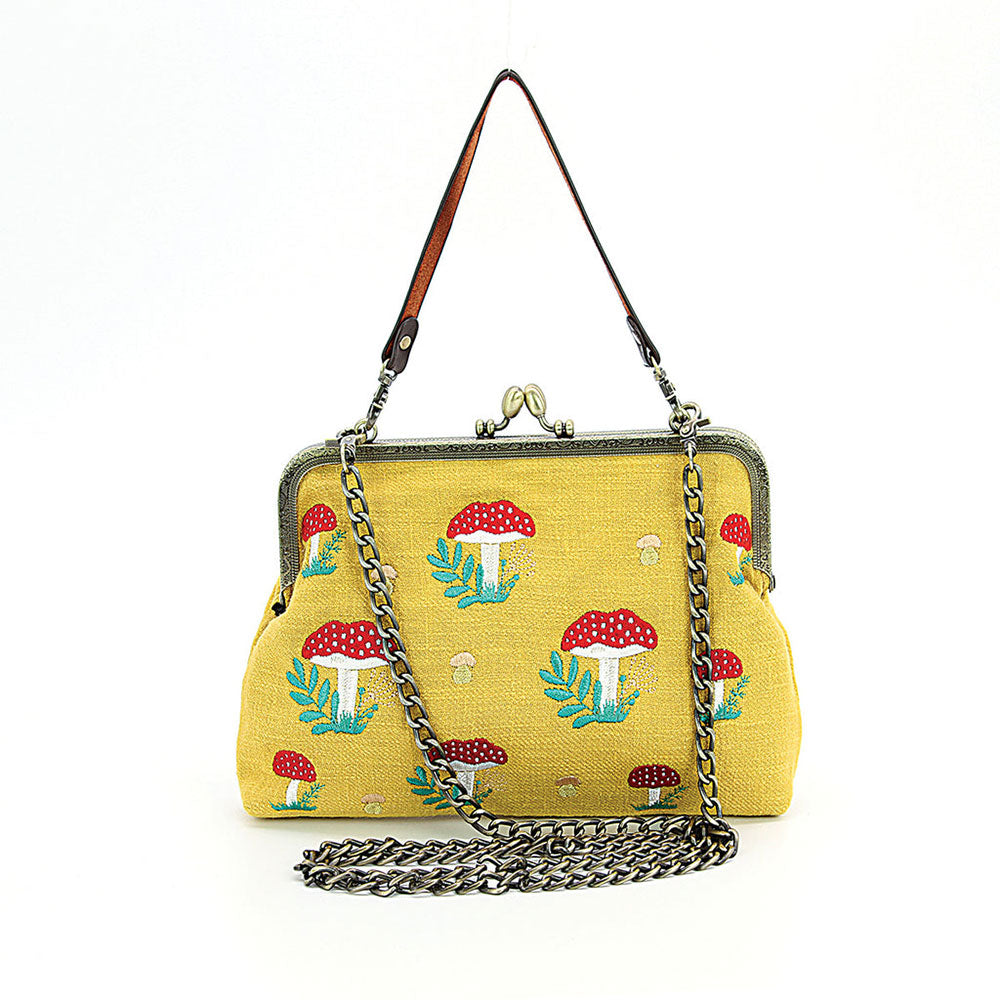Mushrooms Vintage Kisslock Handbag: Yellow