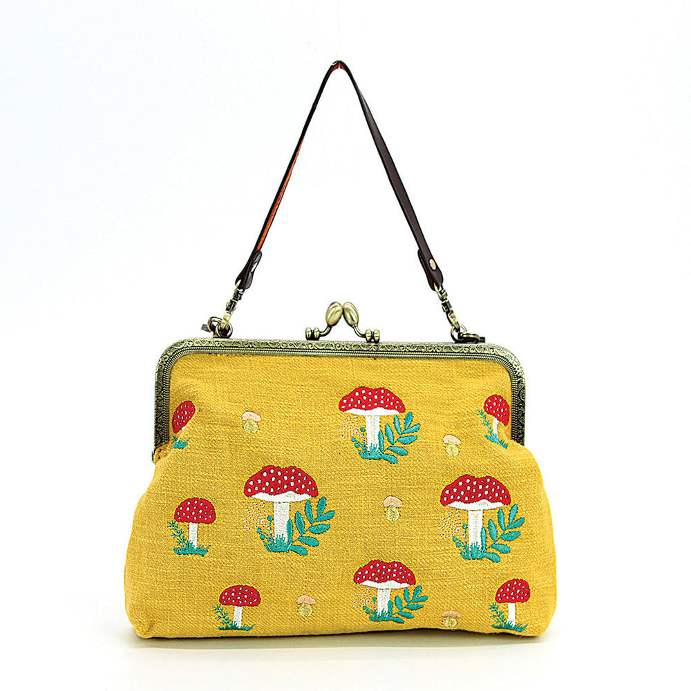 Mushrooms Vintage Kisslock Handbag: Yellow