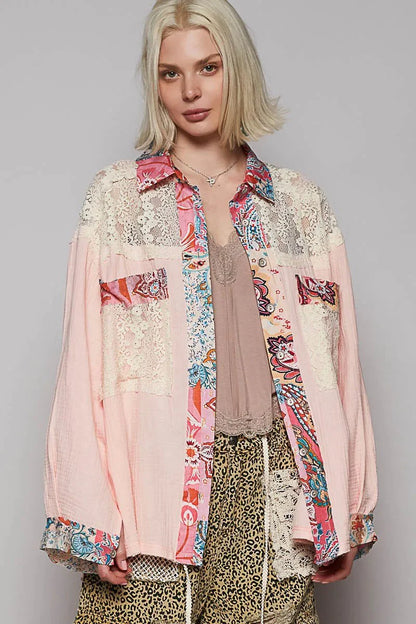 POL Lace Patchwork Floral Trim Long Sleeve Shirt