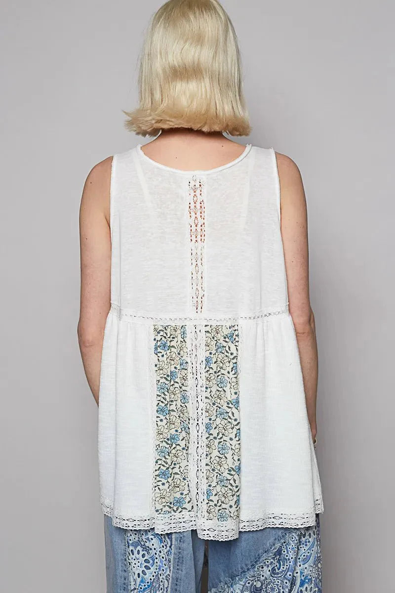 POL V Neck Sleeveless Tank Top with Lace Detail