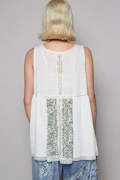 POL V Neck Sleeveless Tank Top with Lace Detail