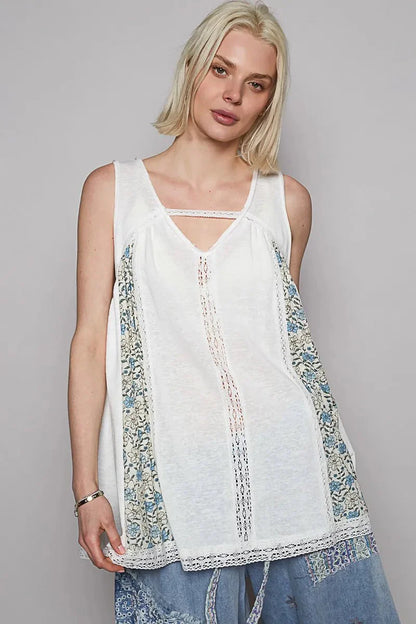 POL V Neck Sleeveless Tank Top with Lace Detail