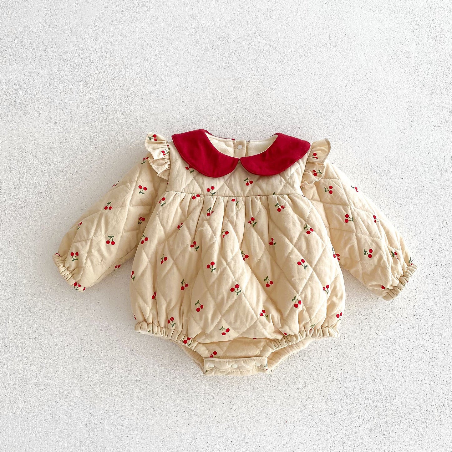 Newborn Baby Girls Cherry Pattern Long Sleeves Peter Pan Collar Cotton-Padded Onesie