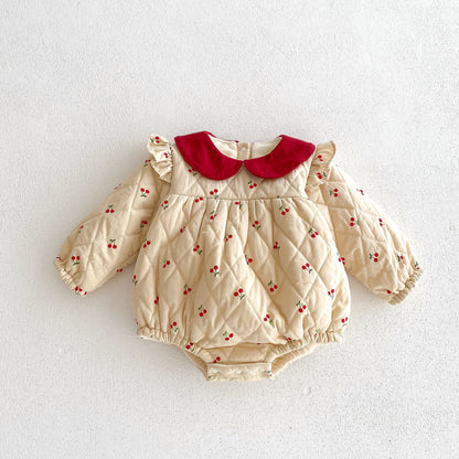 Newborn Baby Girls Cherry Pattern Long Sleeves Peter Pan Collar Cotton-Padded Onesie