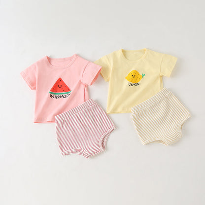 Baby Girl Fruit Pattern Short Sleeve Tops Combo Striped Graphic Triangle Shorts 1 Pieces Sets