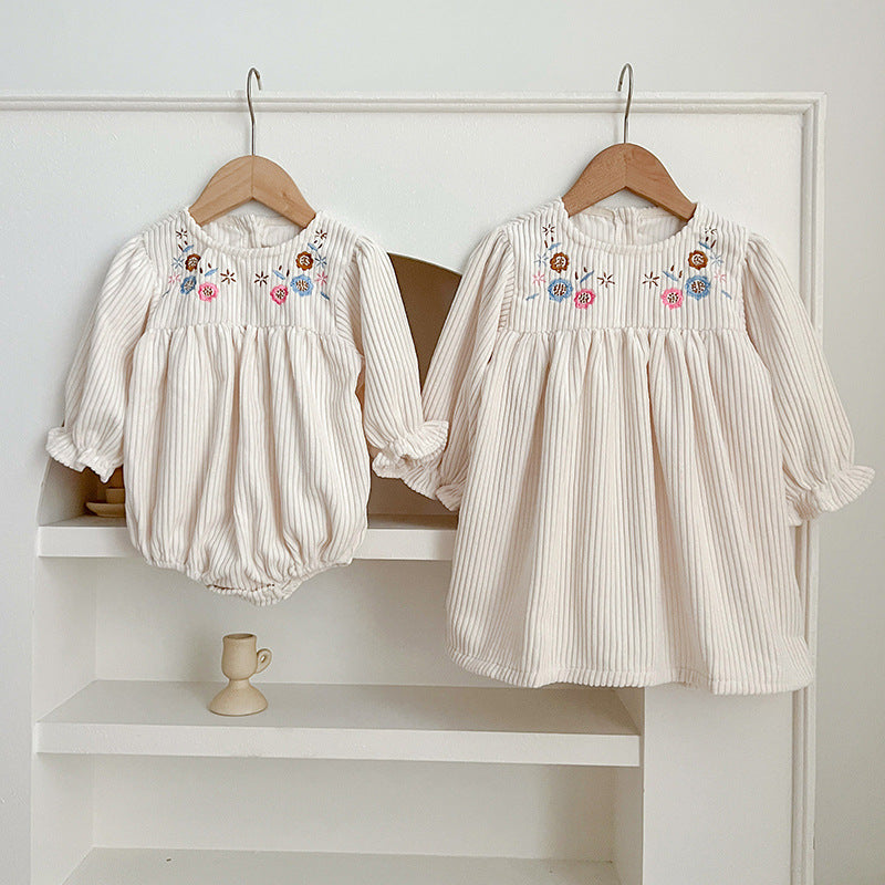 Baby Onesies or Dress For Girls With Long Sleeves And Embroidered Flowers